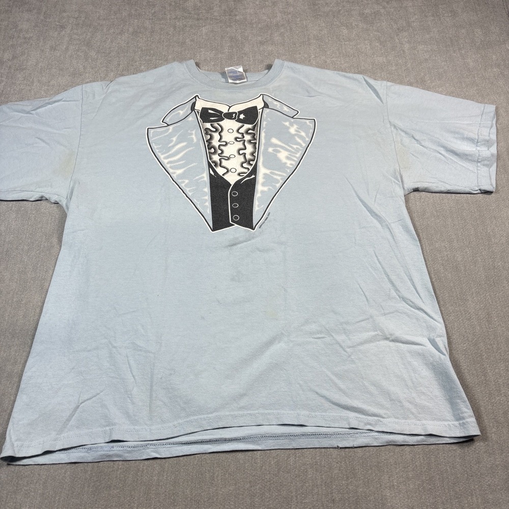 Gildan Vintage 90s Gag Tuxedo Light Blue Graphic T-Shirt Mens XL Short Sleeve